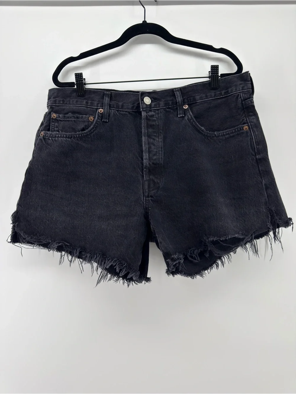 AGOLDE Parker Long Denim short 30 Vintage Cut-Off raw hem frayed high rise black